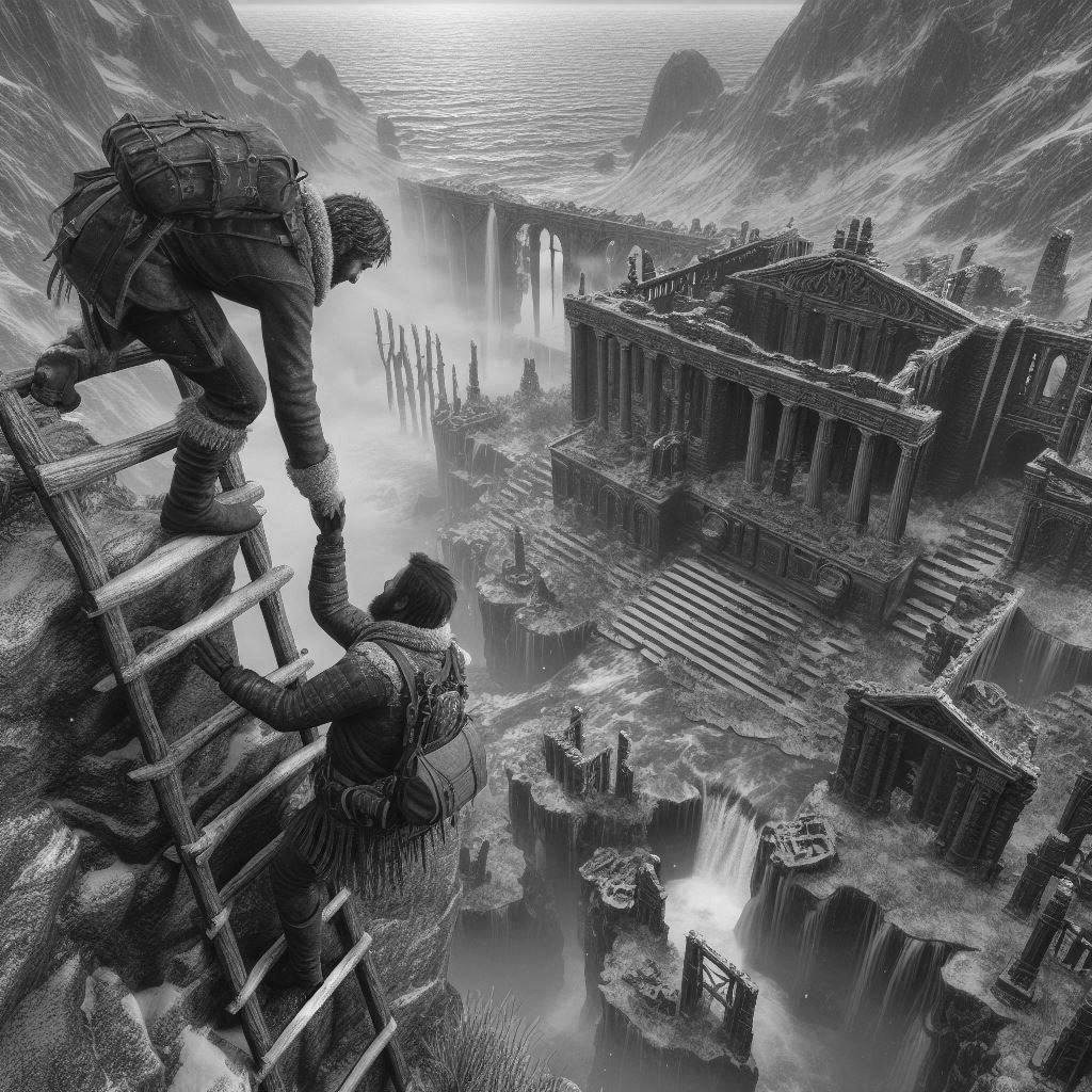 2 adventurers in the polar wilderness, 1 leaning over a rock ledge of ancient city ruins, extending a ladder down to help the other adventurer up