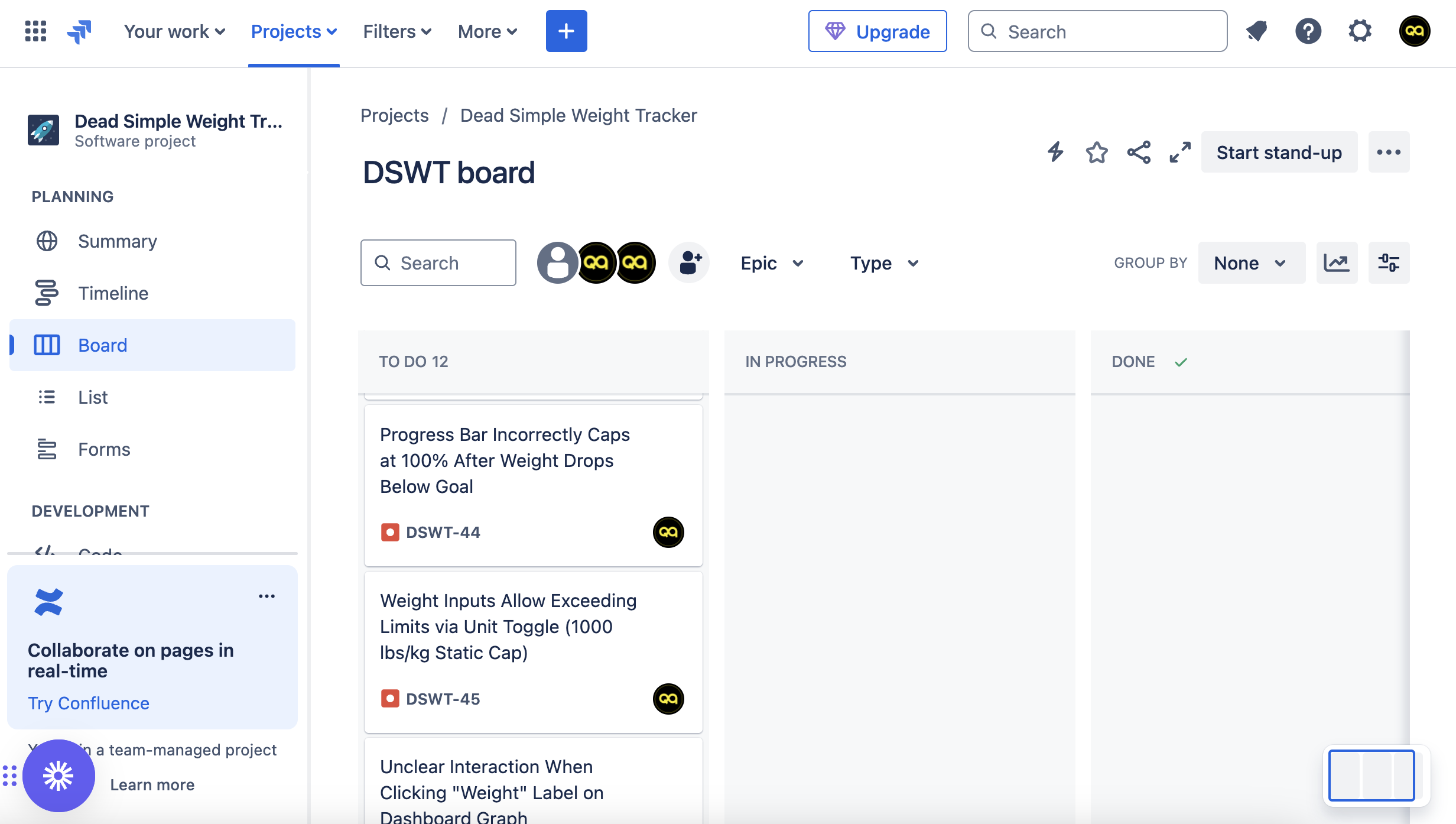 Jira board for student bug tracking projects