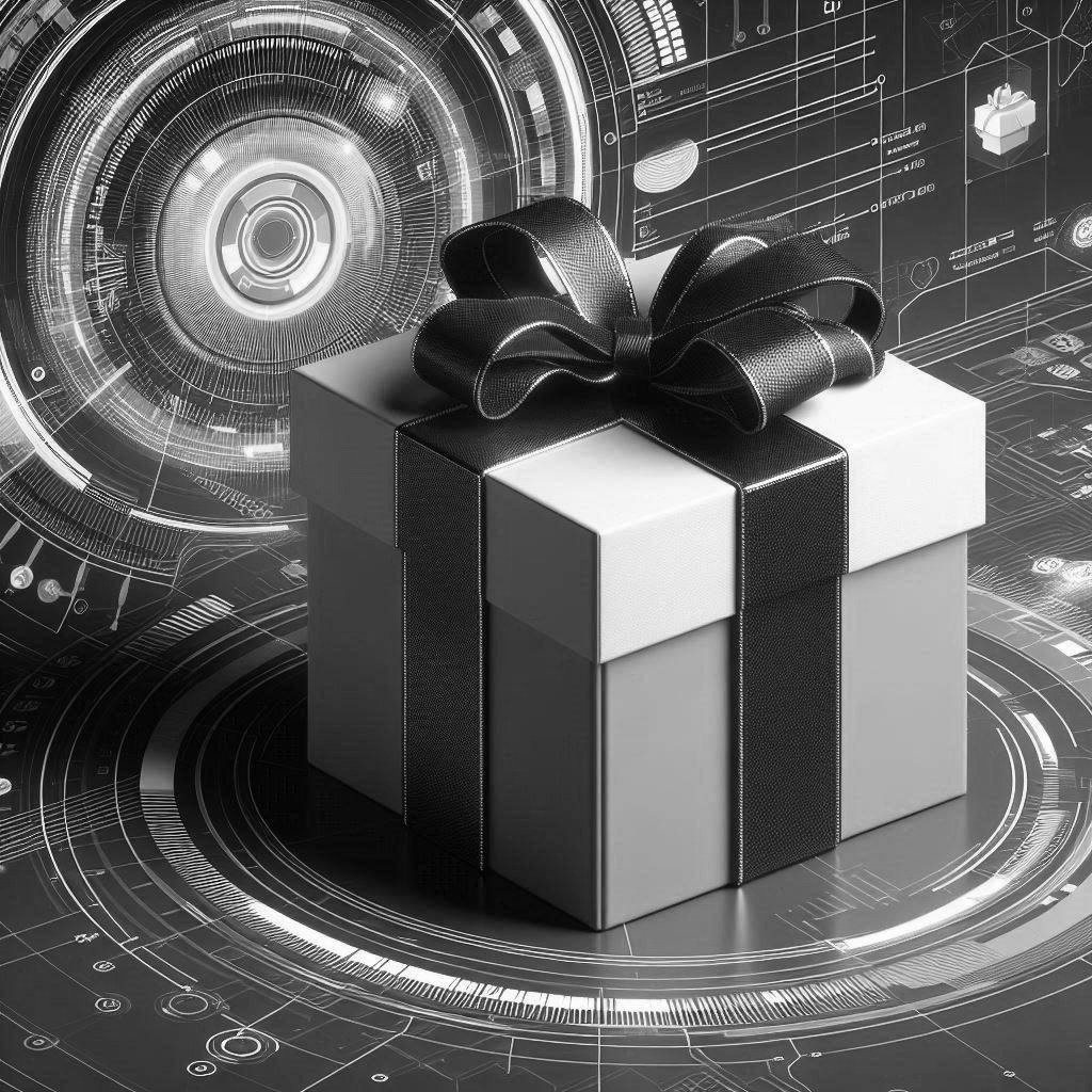 Gift box in a techno background, black & white filter