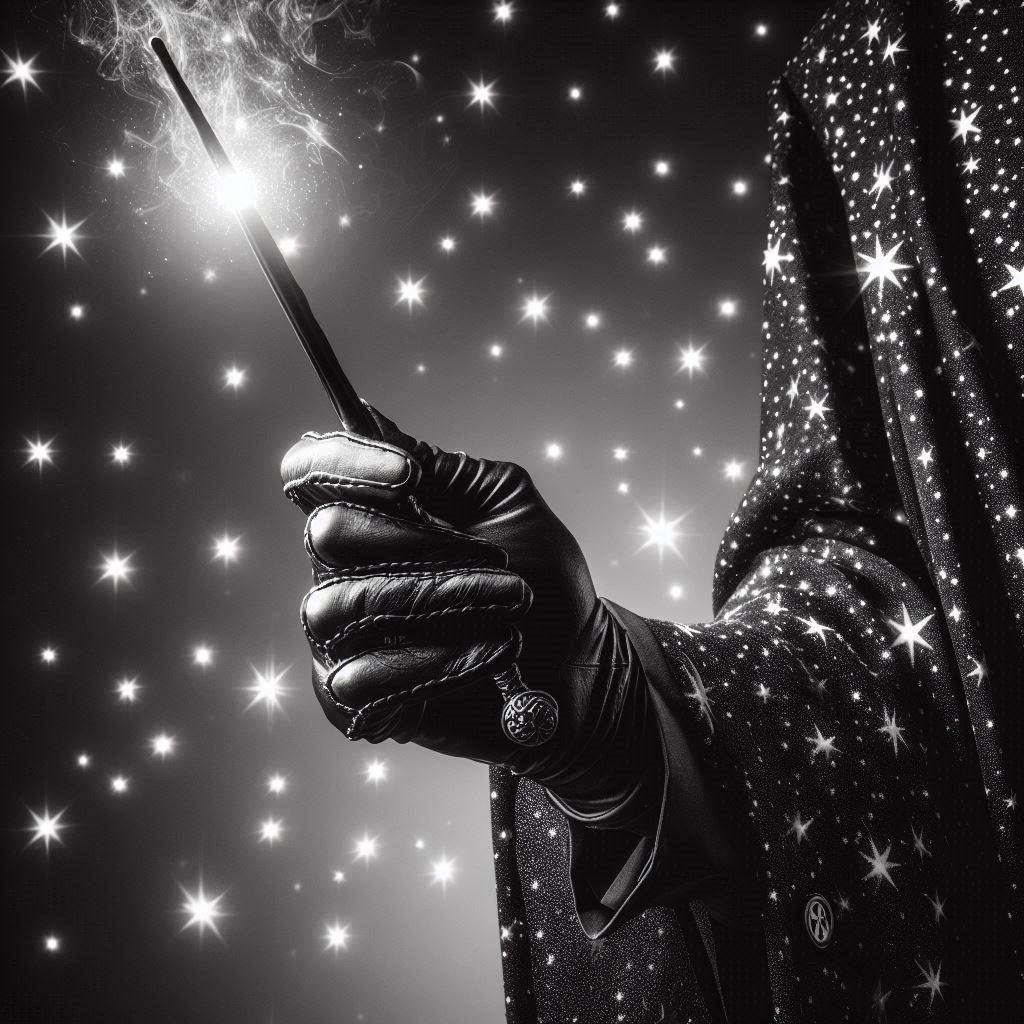 wizard arm cloaked in a starry robe, holding a wand which glows at the tip